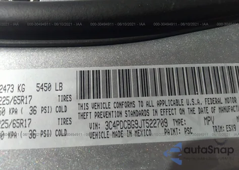 2018 Dodge Journey Sxt из США, поврежденный, VIN 3C4PDCBG9JT522709